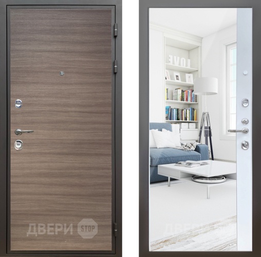 Входная металлическая Дверь Шелтер (SHELTER) Комфорт Дуб тоскано поперечный 14 с зеркалом Белый матовый в Лыткарино