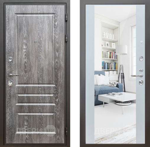 Входная металлическая Дверь Шелтер (SHELTER) Комфорт Дуб шале серебро 13 с зеркалом Белый матовый в Лыткарино