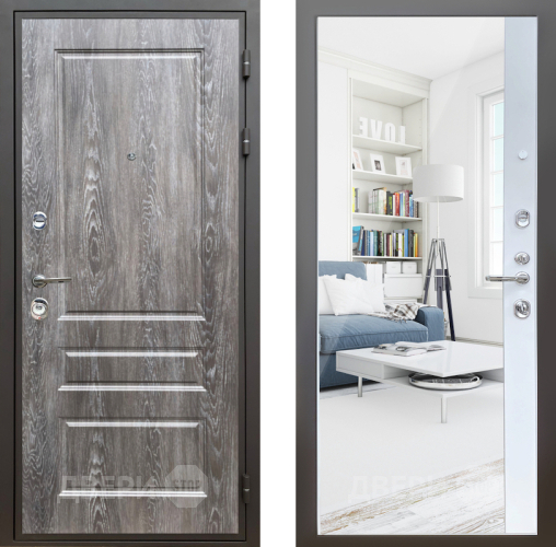 Входная металлическая Дверь Шелтер (SHELTER) Комфорт Дуб шале серебро 14 с зеркалом Белый матовый в Лыткарино