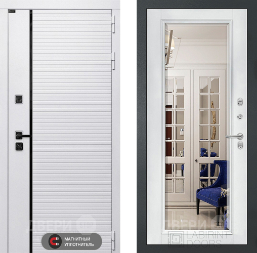 Входная металлическая Дверь Лабиринт (LABIRINT) Royal Зеркало Фацет с багетом Белый софт в Лыткарино